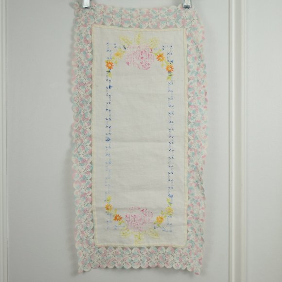 Cross Stitch Shelf Dresser Centerpiece Scarf Rectangle Floral Hand Embroidery - Picture 3 of 10